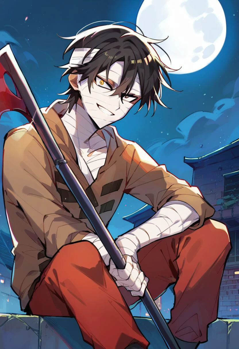 (score_9, score_8_up:1.1), score_7_up, isaac foster, 1boy, black hair, black eyes, yellow eyes, heterochromia, bandages, bandaged head, bangaded body, brown hoodie, red pants, holding scythe, looking at viewer, smile, night, roof, full moon,