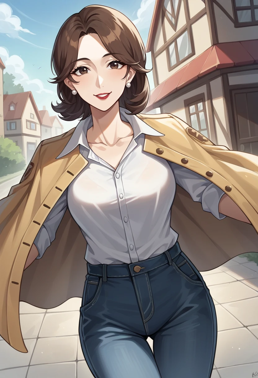 score_9, score_8_up, score_7_up, source_anime BREAK 1girl, solo,  <lora:zs_KayoXL:1> kayop5x, brown hair, medium hair, mature female, lipstick, jacket on shoulders, shirt, jeans, jewelry, cowboy shot, town, looking at viewer, smile