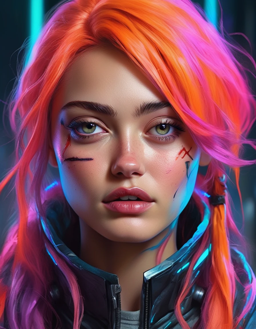 , waist up  of  ellprnllfll woman,<lora:Ella Purnell v2:1.0> , as Jinx from Arcane, sci-fi, highly detailed, digital painting, artstation, concept art, sharp focus, illustration, art by Tony Sart and artgerm and randy vargas