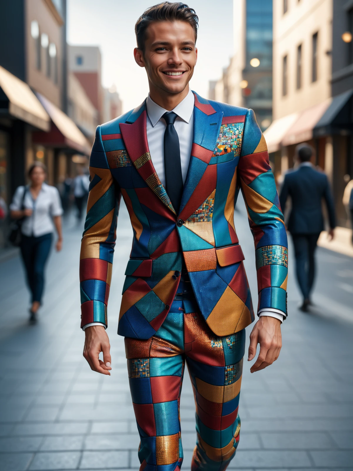 man wearing a colorful mad-mosaic-sdxl-v2 suit walking through city, dynamic_pose, from side, light smile, cinematic shot <lora:Colorful_Mosaic_SDXL_v2:0.6>, masterpiece, best quality, ultra high res, (photorealistic, realistic:1.2), deep shadow, raw photo, film grain, Fujifilm XT3, 8k uhd, dslr