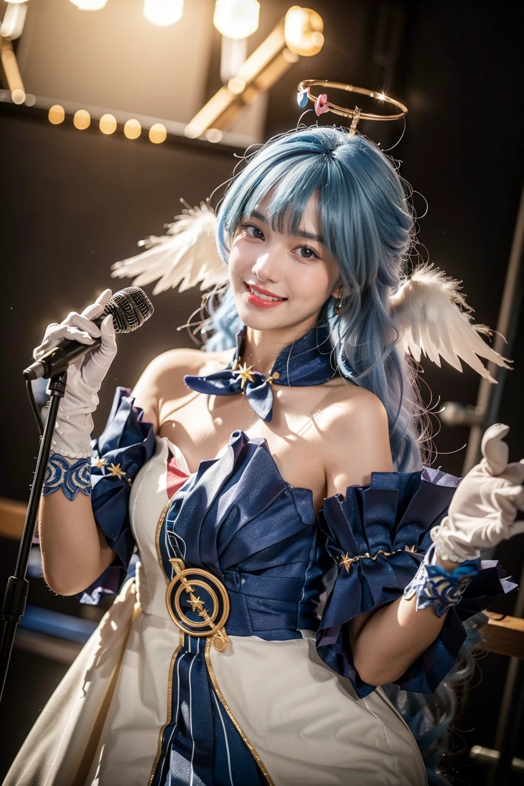 best quality, masterpiece, realistic, photorealistic, 1girl, solo, looking at viewer, grin, standing, cowboy shot, holding microphone, robin cosplay costume, cosplay, blue hair, long hair, dress, asymmetrical dress, strapless dress, detached sleeves, detached collar, head wings, feathered head wings, angel halo, halo, bare shoulders, gloves, treble clef symbol, music symbol, jewelry, stage lighting, stage spotlight, detailed background, audience, bands, <lora:Honkai_StarRail_Robin_cosplay_costume_v1:0.7>