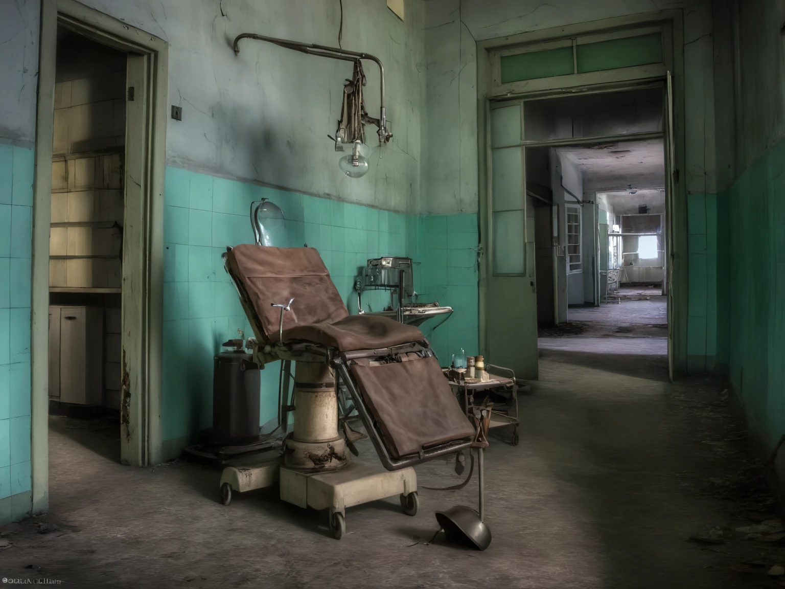 <lora:JJsAbandonedHospital_XL:1>,   ((Abandoned Hospital)), ((masterpiece)), ((best quality)), scenery, indoor, real world location, table, chair,  realistic, dramatic lighting, high detailed, center composition,  door, window, horror,  hall way, vine, lamp, desk, bottle, building, curtain,box,scenery,desk,bookshelf,cardboard box, sink,faucet, , corridor, stair, tile floor, dramatic lighting,