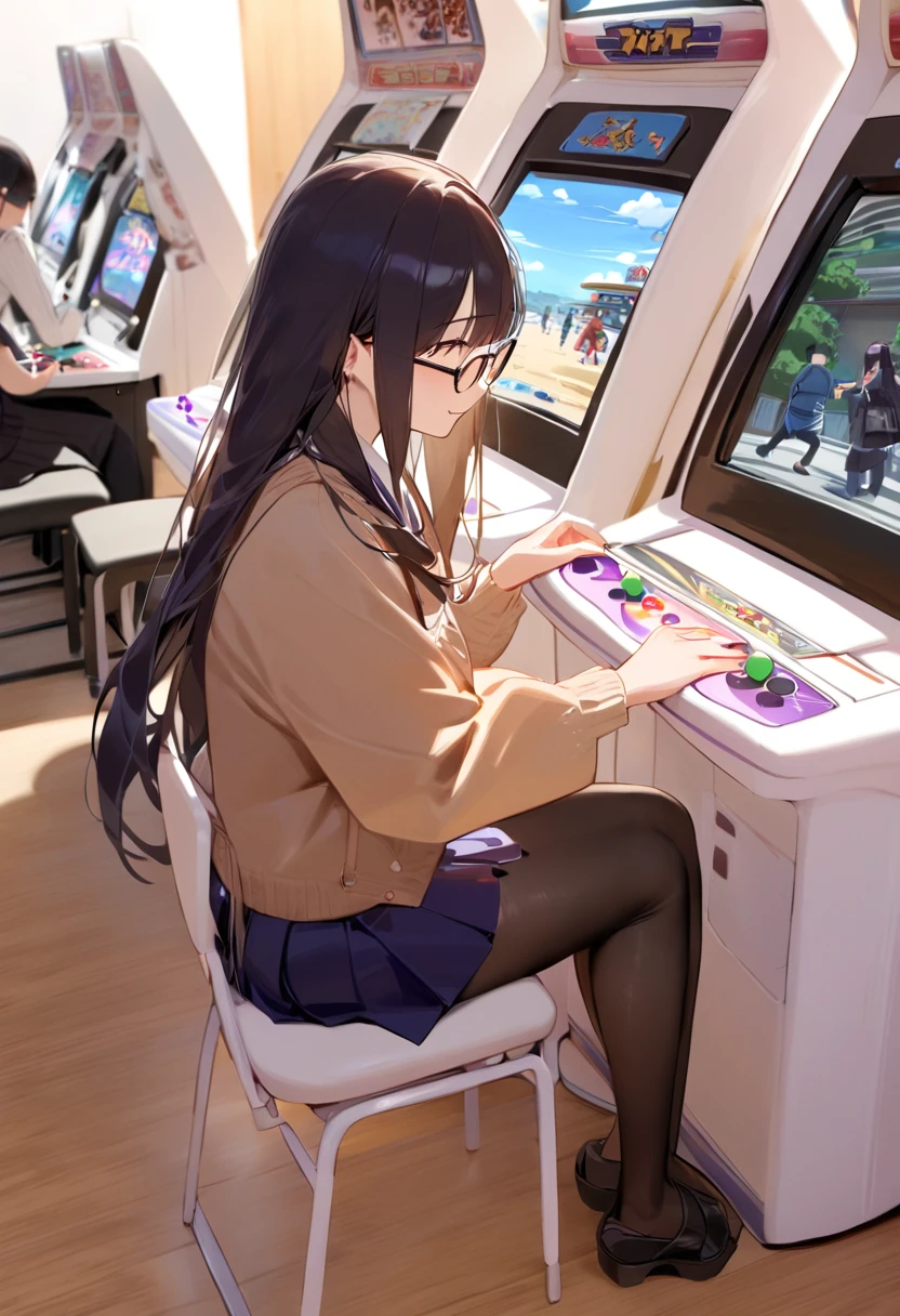 masterpiece, best quality, very aesthetic, absurdres,
1girl, solo, glasses, black hair, long hair, navy jacket, navy pleated skirt, pantyhose, black bag, smile, sitting, solo focus, from side, playing games, 
game_center, scenery, japan, arcade cabinet, scenery, chair, poster (object), 
<lora:game_center_SDXL_V1:1>