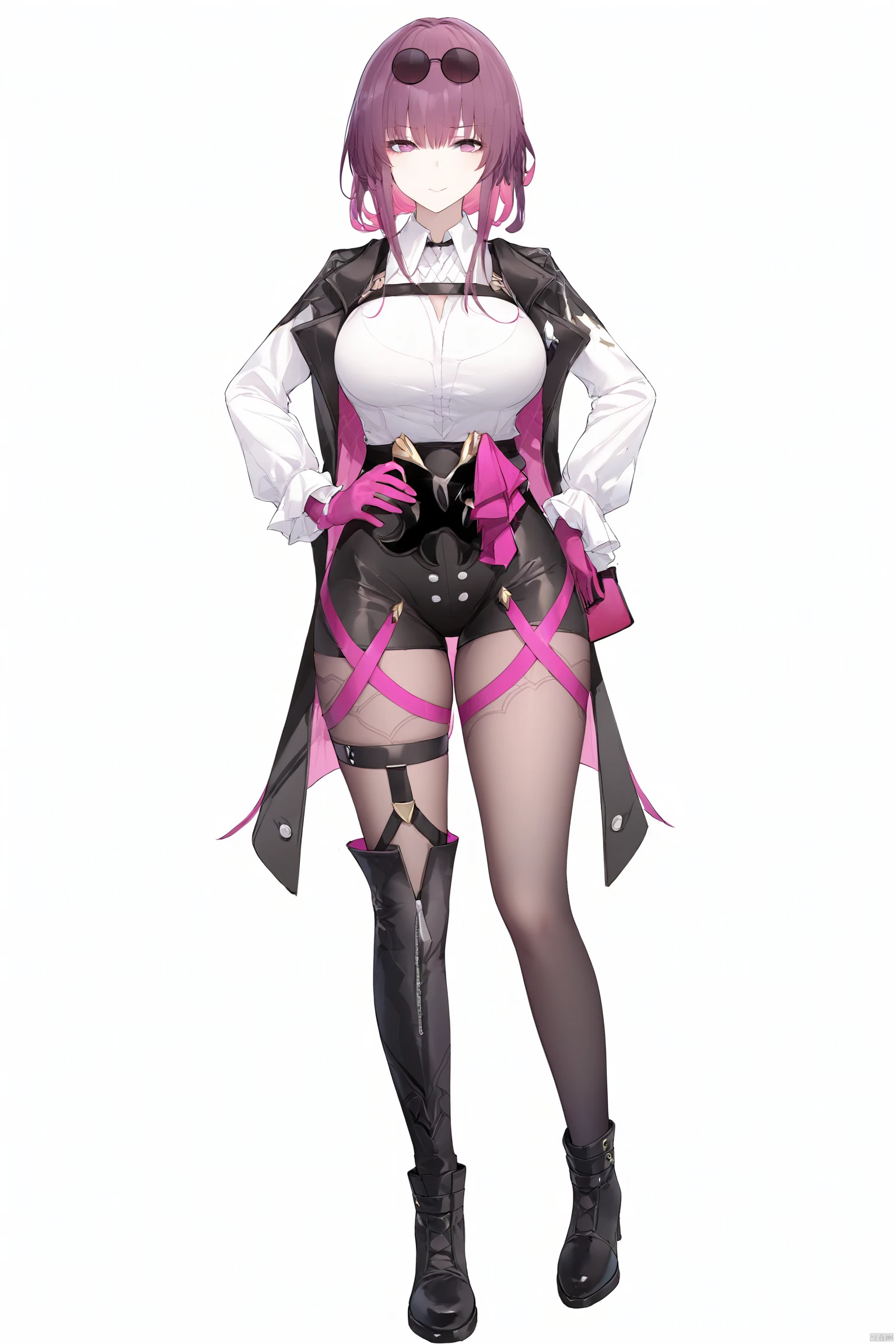 sunglasses, eyewear on head, shirt, white shirt, gloves, jacket, pantyhose, bare shoulders, jewelry, black jacket, sexy, butterfly shaped pupils, kafka, Half nude:1.1, Big thighs, cum on breast:1.1
