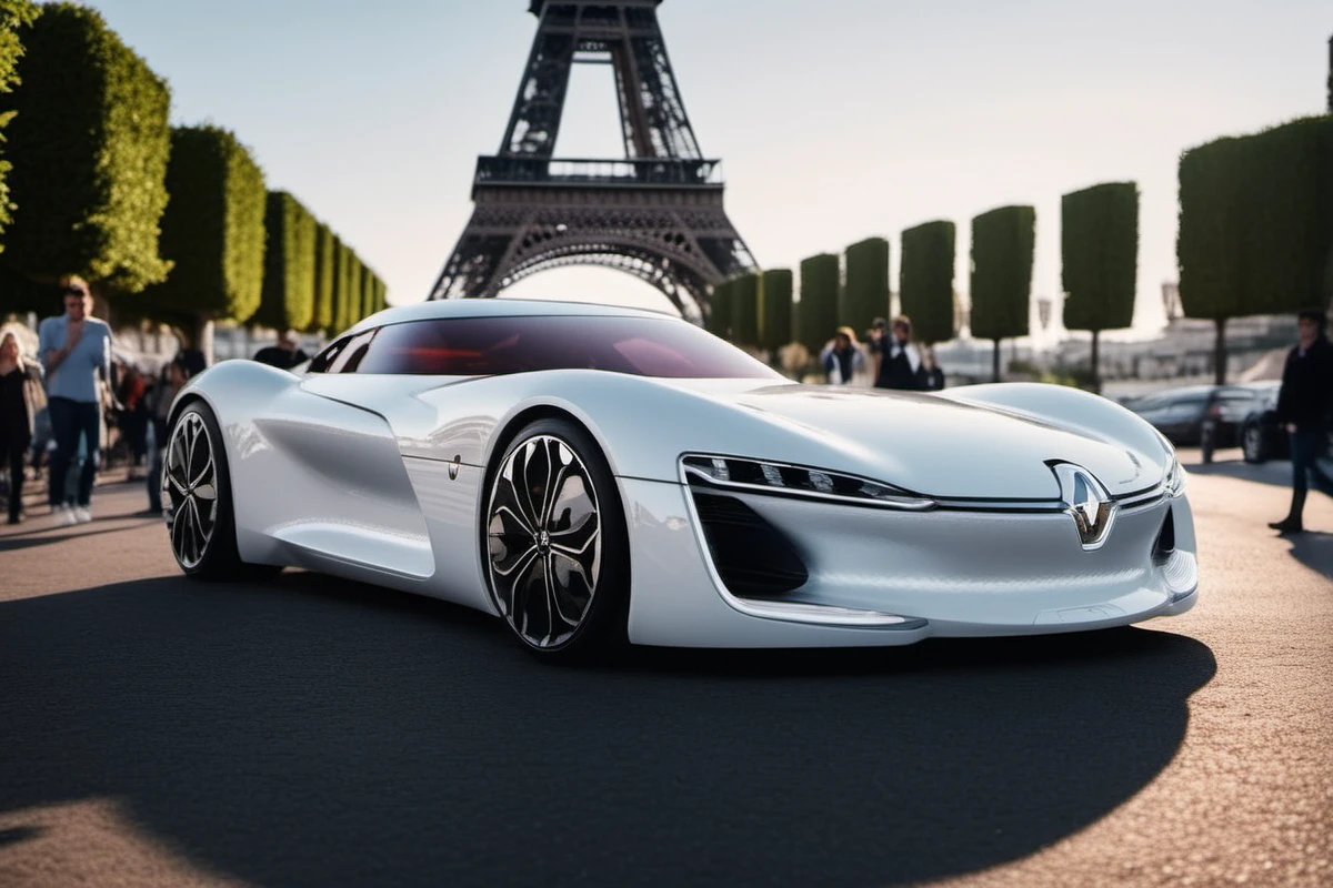 cinematic photo a pearly white car in front of the effeil tower <lora:Trezor1024:0.8> . 35mm photograph, film, bokeh, professional, 4k, highly detailed