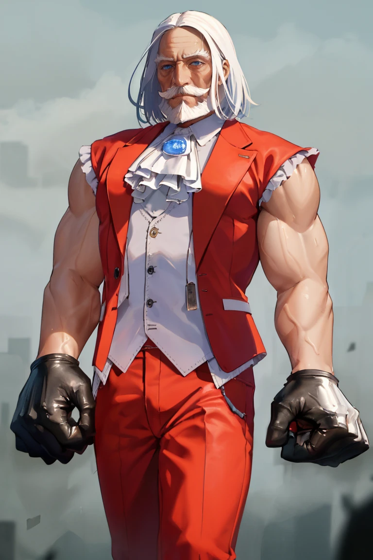 masterpiece, best quality, absurdres, 1boy, solo, RegalBuisnessman, blue eyes, old man, mustache, beard, medium hair, straight hair, ascot, white shirt, red vest, red pants, black gloves, mdyk, oversized forearms, muscular arms, sleeveless, <lora:CHAR-RegalBuisnessman:1>, <lora:mdyk:1>