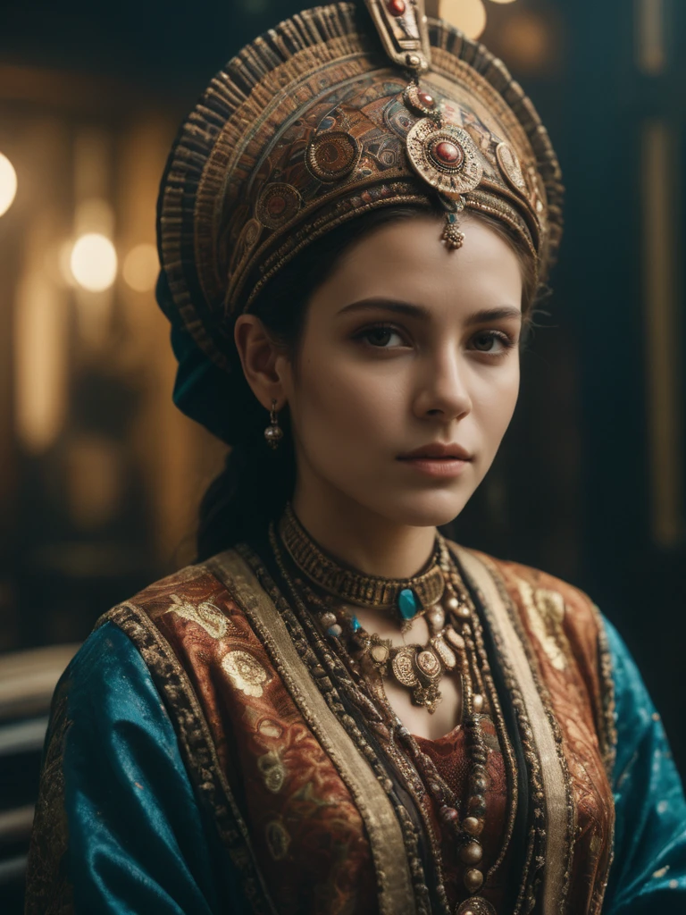 young woman humanoid, portrait photography, ornamental clothes, cinematic shot + photo taken by canon, photo taken by kodak + incredibly detailed, incredibly realistic + professional lighting + lightroom + cinematography, hyper realism, 8K movie quality