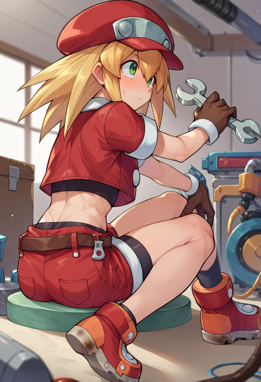 rating_explicit, score_9, score_8_up, score_7_up, score_6_up, score_5_up, score_4_up, by ishikawa hideki,
<lora:RollCaskettMegamanPonybyRR:1>, roll caskett (mega man), hair between eyes, bangs, long hair, spiked hair, blonde hair, green eyes, red cabbie hat, brown gloves, red jacket, short sleeves, spandex, brown belt, cropped jacket, bike shorts under red shorts, red boots,
1girl, full body, sitting, dirty face, holding, fixing machine, sweatdrop,
dynamic shot, indoors, taller, tools, wrench