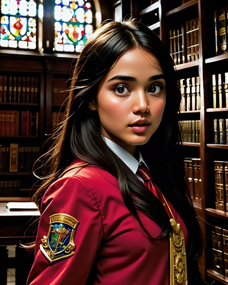 Chz-SummerB, 8k, close-up RAW photo of 1girl as a real-life student wizard, (wearing Hogwarts Academy uniforms:1.3), glasses, finishing a ritual summoning in an old library, (meticulously-detailed, Ultra-HD-realistic:1.3), (perfect eyes, masterpiece, best quality:1.5),