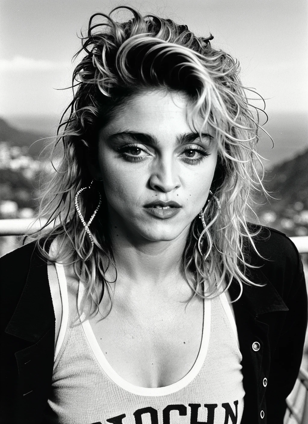 photo of sks woman madonna madonna-ti <lora:locon_madonna_v1_from_v1_64_32:0.35> <lora:lora-small-madonna-v1:0.25>. by Ansel Adams, in Rio de Janeiro, at the Sugarloaf Mountain, clothes