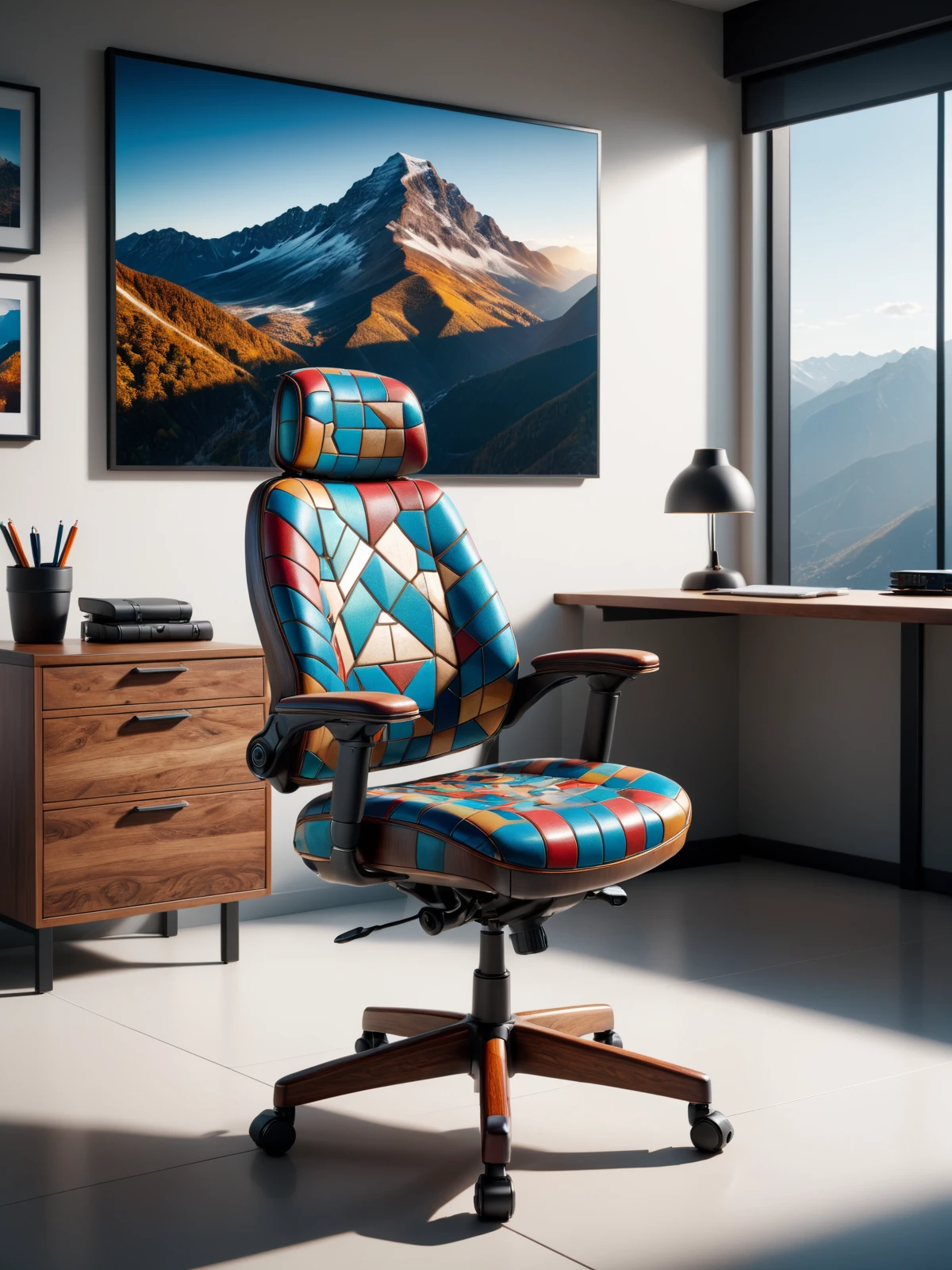 colorful mad-mosaic-sdxl-v2 office chair and wooden desk in an expensive office, photograph of a mountain on the wall, cinematic shot <lora:Colorful_Mosaic_SDXL_v2:0.6>, masterpiece, best quality, ultra high res, (photorealistic, realistic:1.2), deep shadow, raw photo, film grain, Fujifilm XT3, 8k uhd, dslr