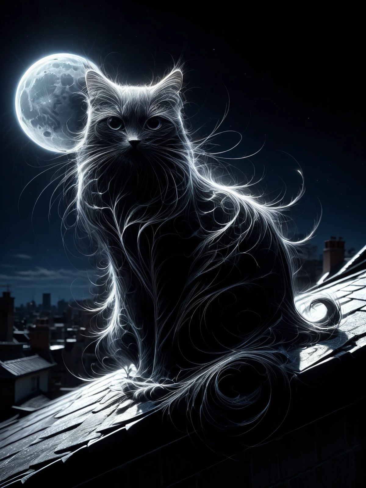 black cat made of black mad-wsps emerging from the shadows on a roof, moonlight, dynamic pose, cinematic shot, dramatic lighting <lora:Wisps_of_Light_SDXL:1>, masterpiece, best quality, ultra high res, (photorealistic, realistic:1.2), deep shadow, raw photo, film grain, Fujifilm XT3, 8k uhd, dslr
