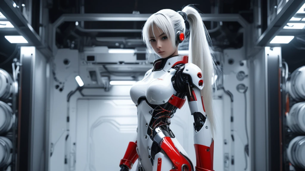 a anime girl, solo, ((full body,)) ((no skin, robot, no clothes, cyberpunk)), ((metallic body:1.3, exposed inside mechanism:1.3)), (body covering nothing:1.3), Finished robotic product, white very long messy ponytail, red nails, face Only human, metallic main musculoskeletal group exposed, blue mechanical joint exposed:1.3, black artificial organs visible through the gap exposed:1.5, body and joint inside emit light:1.3, exposed wired:1.3, Dutch angle, rain coat, hood, hard rainy, zoomed out:-1, raw, masterpiece, extremely detailed photo, extreme ultra best picture, extreme ultra intricate creative detail, extreme hyper realistic detail, extreme ultra hyper photo realism, extreme ultra-hyper immersive visuals, extreme 3D realistic, ultra 4080p, HD, VFX, SFX, FKAA, TXAA, RTX, SSAO