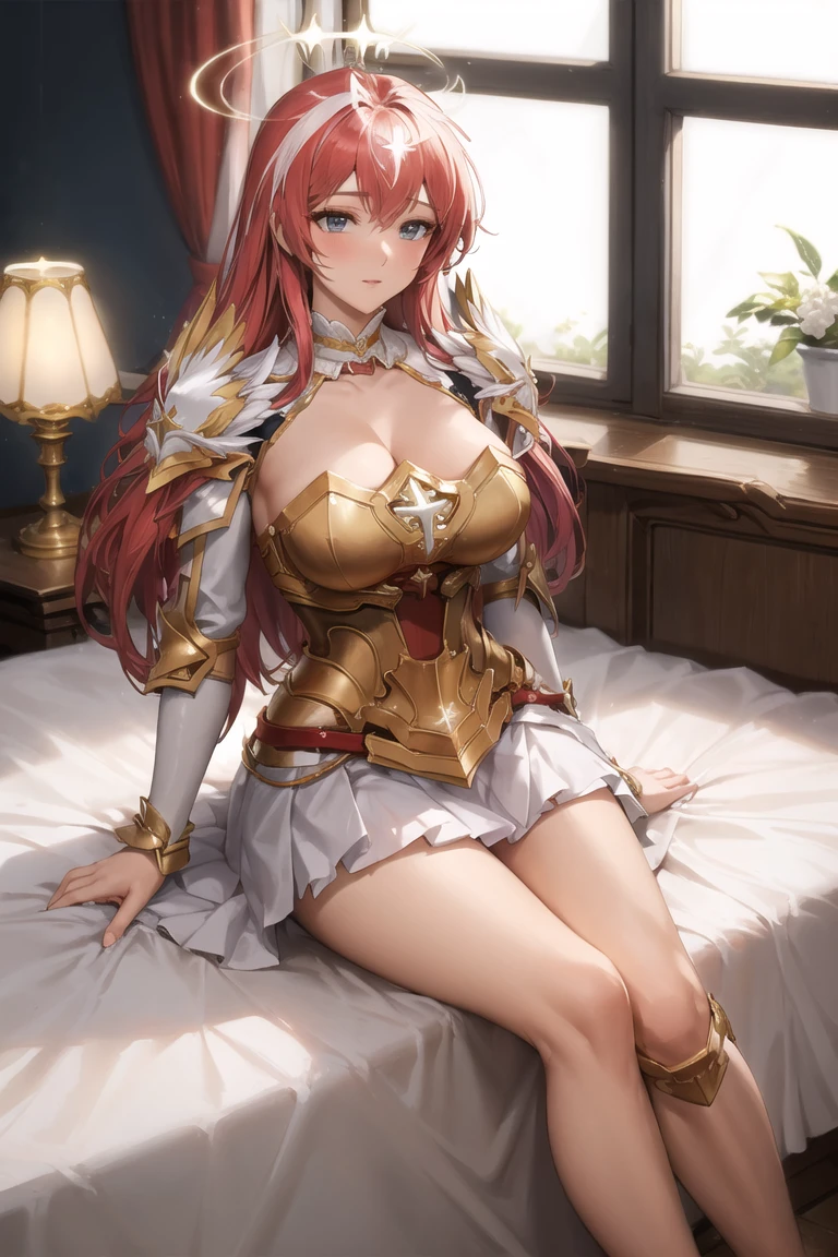 celica fe, 1girl, solo, looking at viewer, blush, sitting, wariza, on bed, seductive smile, cape, armor, dress, bare shoulders, thighhighs, tiara, gloves, pelvic curtain, leaning forward, cleavage, large breasts, thick thighs