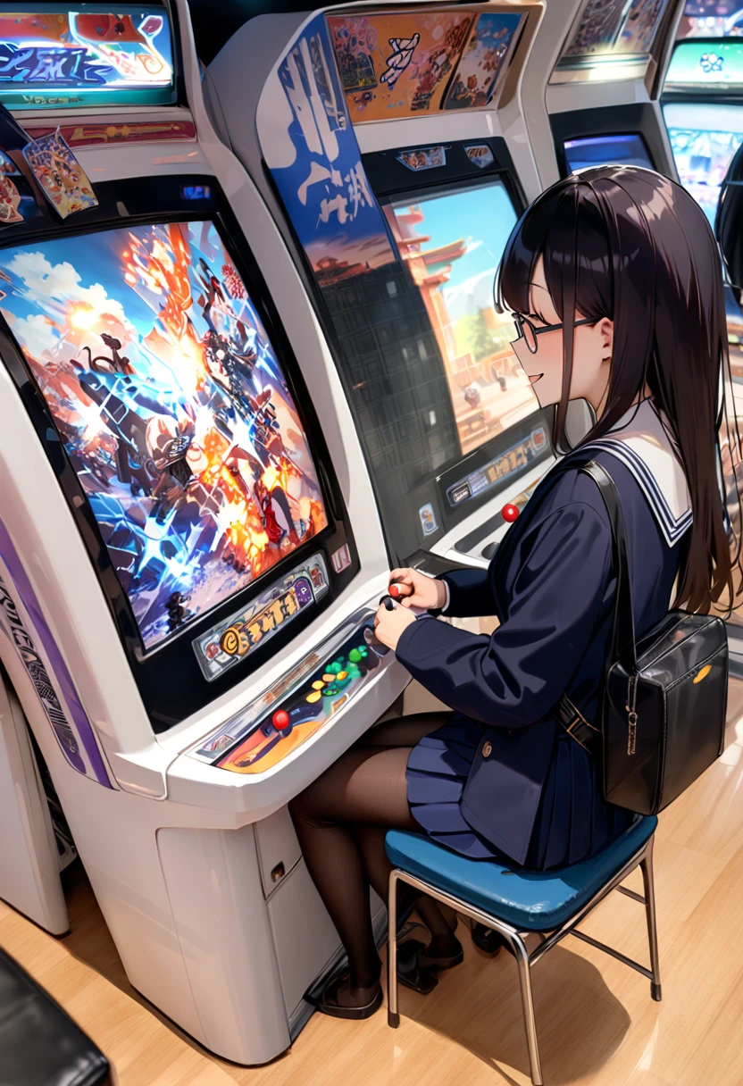 masterpiece, best quality, very aesthetic, absurdres,
1girl, solo, glasses, black hair, long hair, navy jacket, navy pleated skirt, pantyhose, black bag, smile, sitting, solo focus, from side, playing games, 
game_center, scenery, japan, arcade cabinet, scenery, chair, poster (object), 
<lora:game_center_SDXL_V1:1>