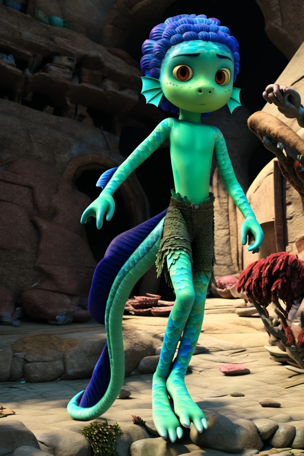 high quality, highres, masterpiece, 3d, lucafish, young boy, sadh, full body,  <lora:Luca-000015:1>, shorts, shirtless, blue skin, scales