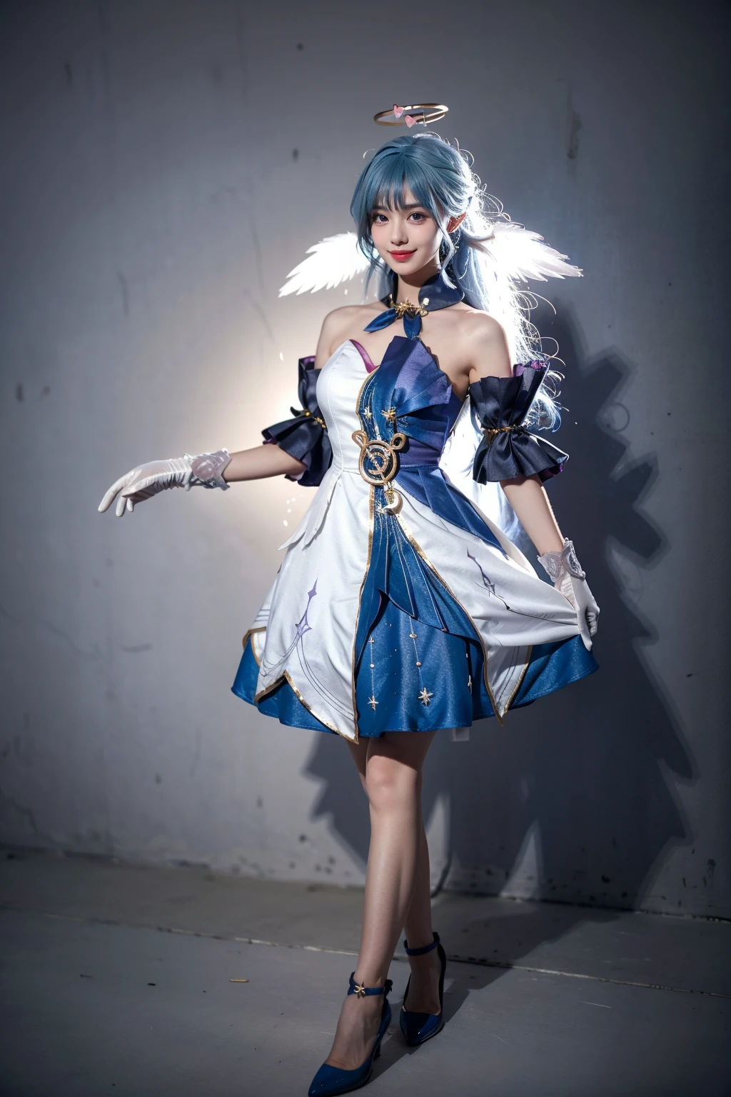 best quality, masterpiece, realistic, photorealistic, 1girl, solo, looking at viewer, smile, standing, full body, robin cosplay costume, cosplay, blue hair, long hair, dress, asymmetrical dress, strapless dress, detached sleeves, detached collar, head wings, feathered head wings, angel halo, halo, bare shoulders, gloves, treble clef symbol, music symbol, jewelry, high heels, blue high heels , grey background, <lora:Honkai_StarRail_Robin_cosplay_costume_v1:0.7>