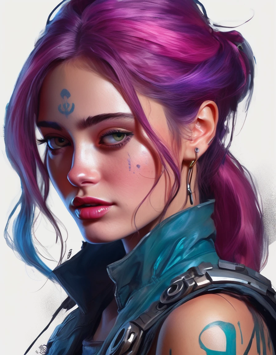 , waist up  of  ellprnllfll woman,<lora:Ella Purnell v2:1.0> , as Jinx from Arcane, sci-fi, highly detailed, digital painting, artstation, concept art, sharp focus, illustration, art by Tony Sart and artgerm and randy vargas