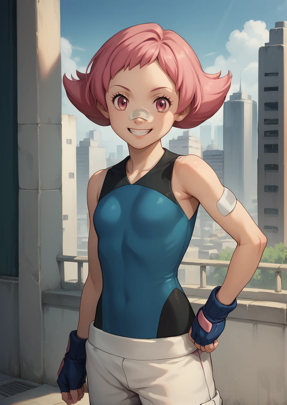 score_9,score_8_up,score_7_up,score_6_up,source anime BREAK, solo,
looking at viewer, outdoors, city, portrait, smile,
1girl, maylene (pokemon), pink eyes, pink hair, small breasts, short hair, eyelashes, pointy hair,
white pants, blue gloves, bandaid on nose, bandaid, bandaid on arm, bodysuit, fingerless gloves, spandex, sleeveless,
<lora:maylene_v1_0:1>  <lora:Anime Screencap_epoch_10:0.7>