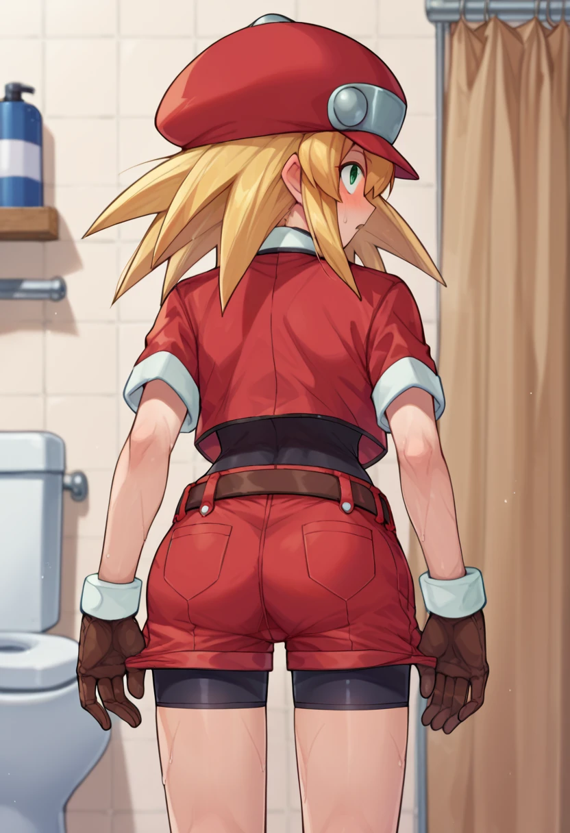 rating_explicit, score_9, score_8_up, score_7_up, score_6_up, score_5_up, score_4_up, by ishikawa hideki,
<lora:RollCaskettMegamanPonybyRR:1>, roll caskett (mega man), hair between eyes, bangs, long hair, spiked hair, blonde hair, green eyes, red cabbie hat, brown gloves, short sleeves, spandex, brown belt, red jacket, open jacket, cropped jacket, bike shorts under red shorts,
1girl, standing, facing away, sweat, undressing,
dynamic shot, indoors, bathroom,