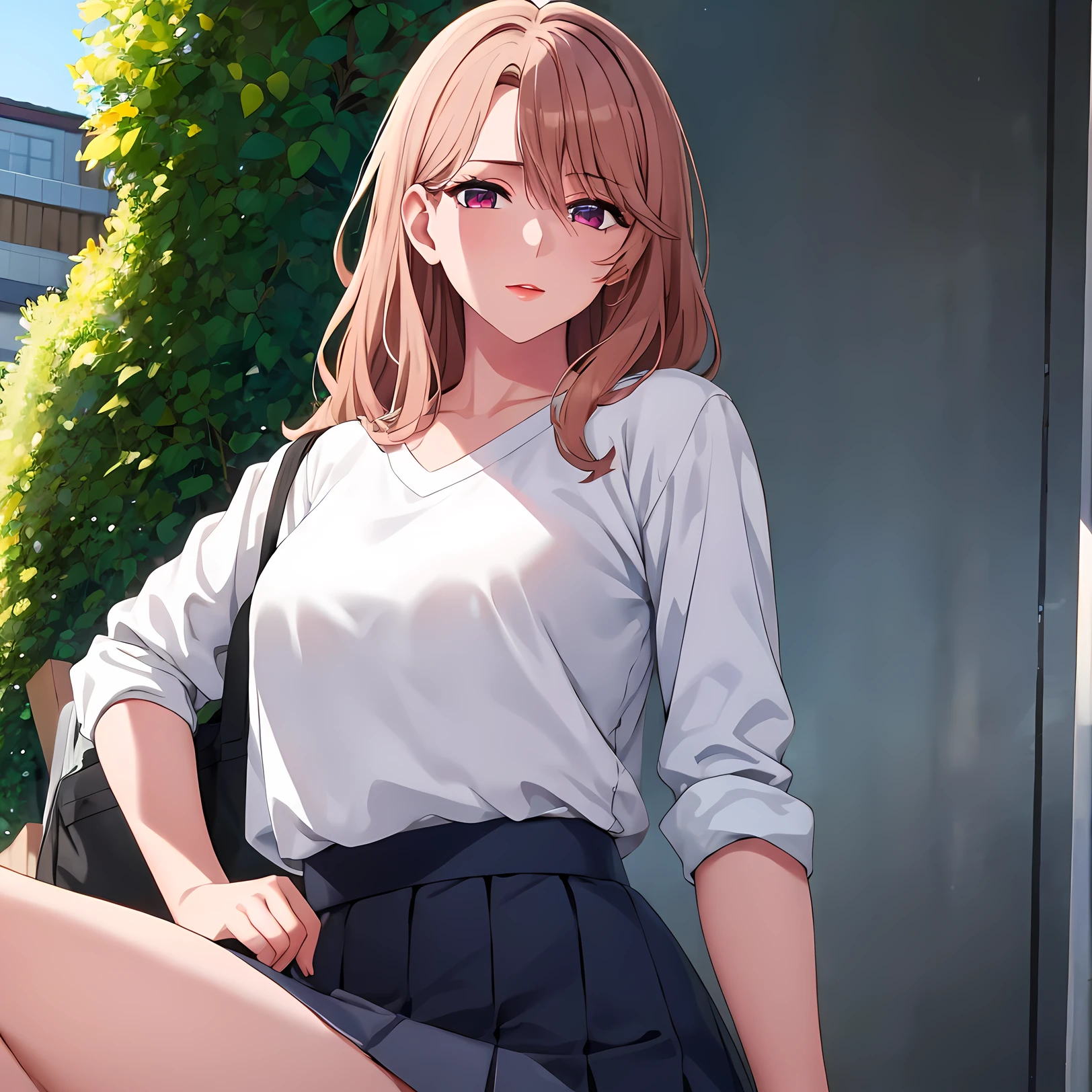 (masterpiece,hires), (2.5D:0.2), attractive woman, 1girl, long hair, miyakosaitou,(mature female) , female focus,school uniform, white shirt, grey skirt,   outdoors. , simple background,  looking at viewer, natural lighting,     <lora:me_miyakoSaitou-08-ud:0.7>