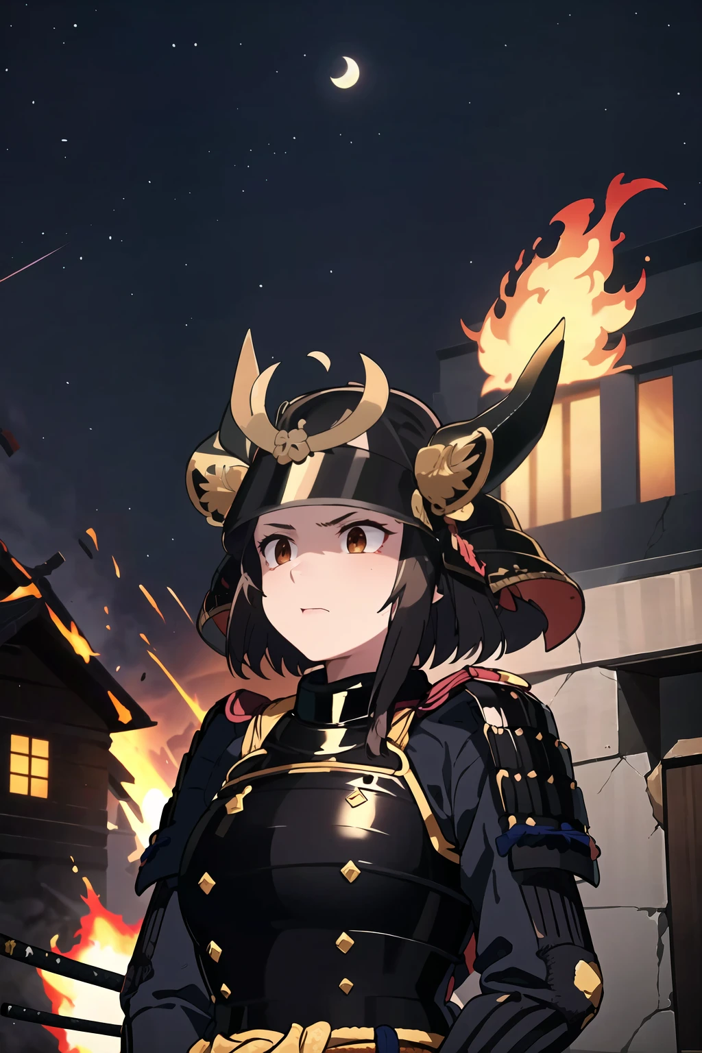 best quality, masterpieces,
1girl, half-length portrait,
samurai armor, black samurai, samurai helmet, huge gold and black horns on helmet,
midnight, dark sky, moon, background on fire, dark theme, in front of devastated houses, ruins background,
heavy shadow, soft focus, soft lighting, subsurface scattering,
<lora:hina_samurai_armor_v14:0.7>
<lora:hinaLovelyGirlLycoris_v10:0.4>