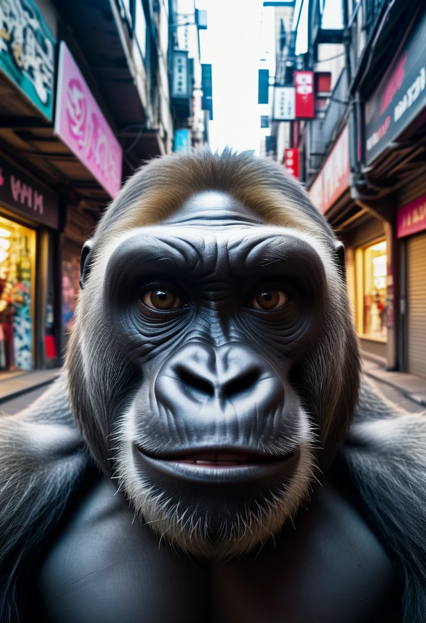 a gorilla takes a selfie in cyberpunk alley, in the style of fisheye effects, funny mood, strong facial expression, wimmelbilder, tilt shift,