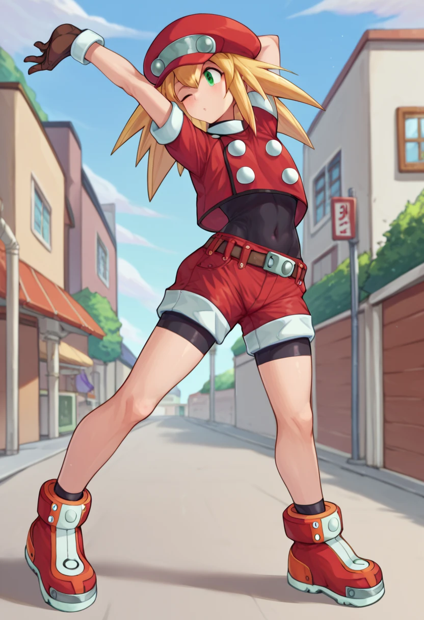 rating_explicit, score_9, score_8_up, score_7_up, score_6_up, score_5_up, score_4_up, by ishikawa hideki,
 <lora:RollCaskettMegamanPonybyRR:1>, roll caskett (mega man), hair between eyes, bangs, long hair, spiked hair, blonde hair, green eyes, red cabbie hat, brown gloves, red jacket, short sleeves, spandex, brown belt, cropped jacket, bike shorts under red shorts, red boots, covered navel,
1girl, full body, standing, stretching, one eye closed, arched back,
dynamic shot, outdoors, street,