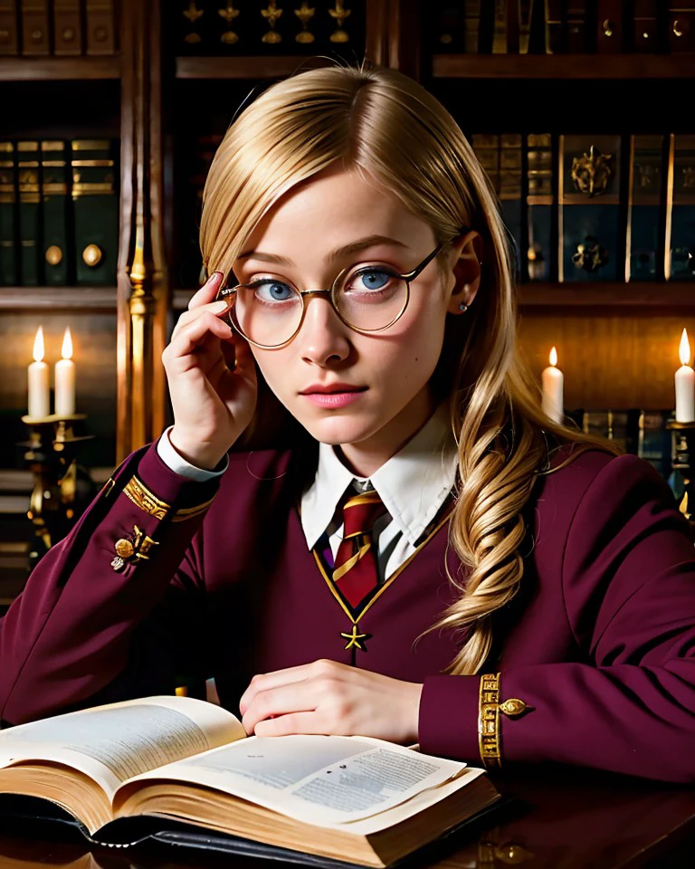 Chz-OliviaTD, 8k, close-up RAW photo of 1girl as a real-life student wizard, (wearing Hogwarts Academy uniforms:1.3), glasses, finishing a ritual summoning in an old library, (meticulously-detailed, Ultra-HD-realistic:1.3), (perfect eyes, masterpiece, best quality:1.5),