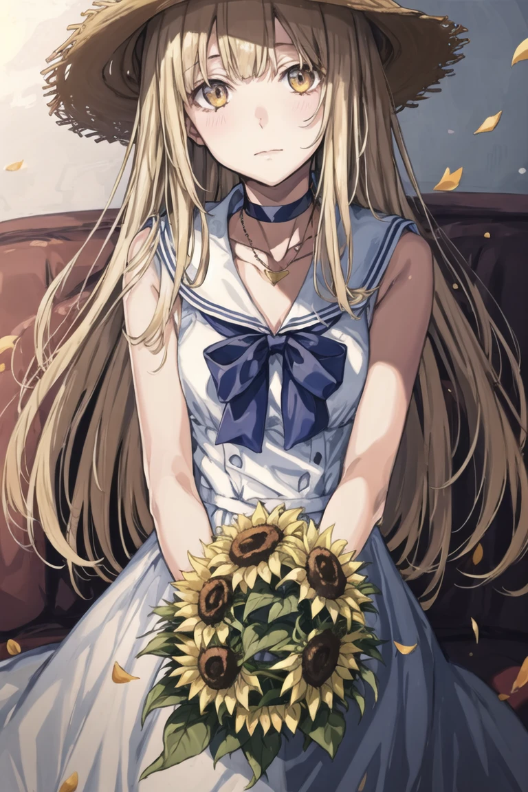 (masterpiece),best quality,1girl,hat,flower,sunflower,solo,long hair,dress,looking at viewer,straw hat,jewelry,petals,hand on headwear,holding,bracelet,ribbon,sailor dress,holding flower,sailor collar,choker,bangs,very long hair,necklace,closed mouth,sleeveless,sun hat,bouquet,