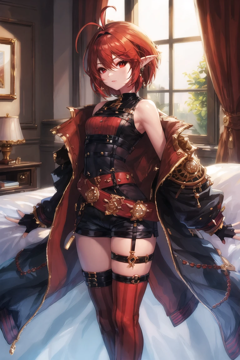 masterpiece,best quality,zhaohuan1,background,bed sheet,windows,sun light through windows,bed sheet,<lora:zhaohuan1-000012:0.7>,red eyes,red hair,book,short hair,gloves,red thighhighs,striped,hair band,jewelry,earrings,belt,ahoge,bare shoulders,antenna hair,pointy ears,bangs,shirt,boots,shorts,jewelry,shorts,jacket,chain,puffy sleeves,thigh strap,hair between eyes,skindentation,