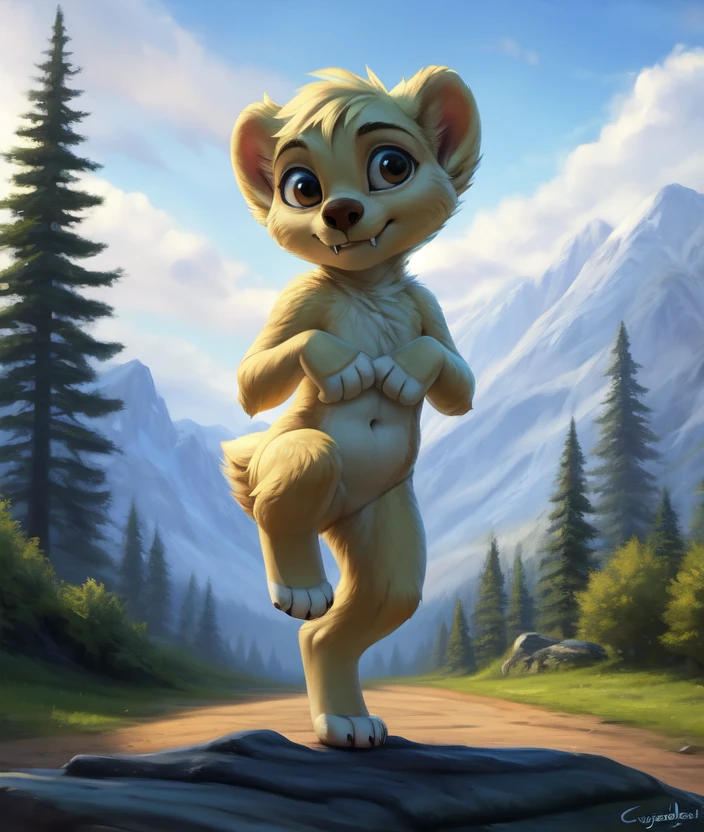 <lora:HugoCartoonCreat:1> HugoCartoonCreat,  [road, earth, forest, trees, sky, clouds, mountains,]  male,  furry, yellow  fur, fangs, 
textured fur, solo,  looking at viewer, to his full height,  (beautiful, aesthetic, perfect, delicate, intricate, masterpiece, )  chibi, (kneeling on one leg)
by silgiriya mantsugosi, [[detailed Chunie lighting ]], [by personalami0.2], by cynicalstarr,