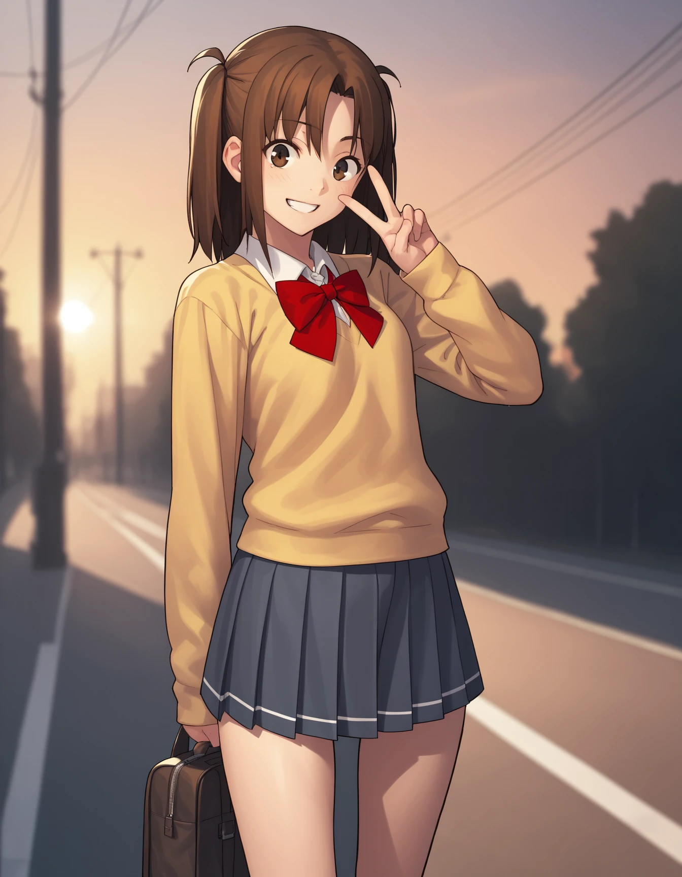 score_9,  score_8_up, score_7_up
<lora:sacchin-ponyxl-000025:1> sacchin, school uniform, microskirt,
1girl, v, smile, sunset, street, upper body, bokeh