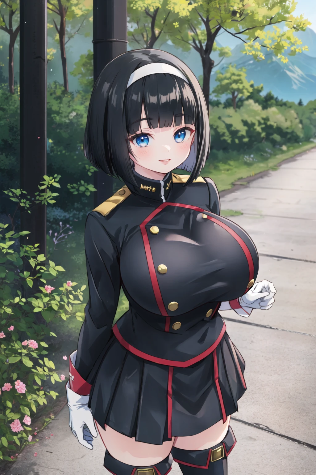 (mato uniform), huge breasts, mountain, nature, outdoors, <lora:mato:0.6>, pleated skirt, black skirt, long sleeves, white gloves, thigh boots, black hair, bob cut, hairband, blunt bangs, blue eyes, lips, smile