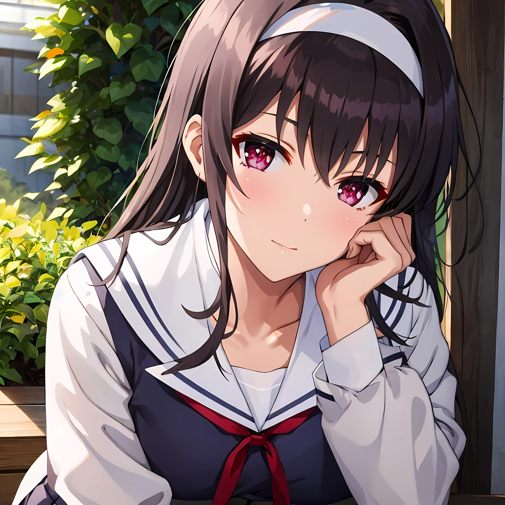 (masterpiece,hires), (2.5D:0.2), attractive woman, 1girl, , kasumigaoka utaha, long hair, headband, female focus,school uniform, white shirt, grey skirt,   outdoors. , simple background,  looking at viewer, natural lighting,        <lora:me_utaha_ka-08:0.7>