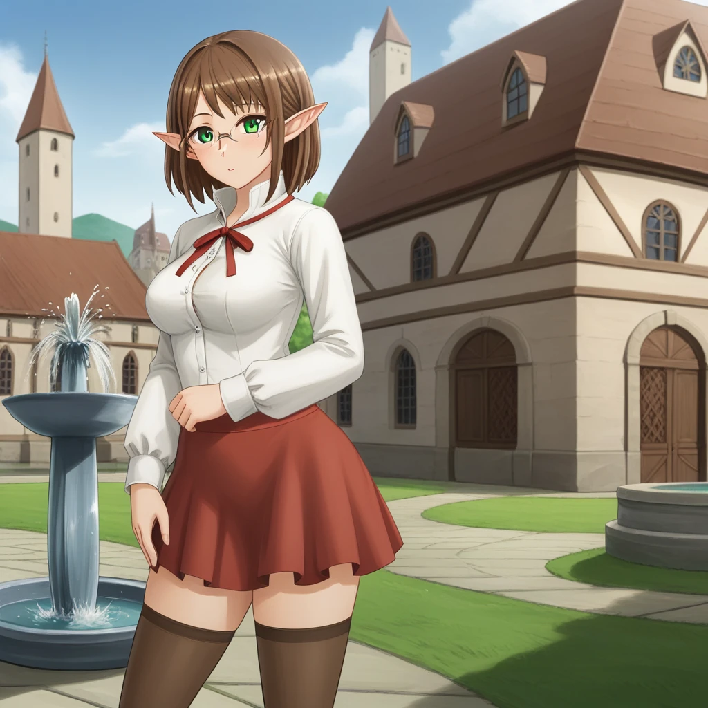 <lora:Eina Tulle - Danmachi:1> pointy ears, brown hair, green eyes, glasses, short hair, elf, 1girl, solo, breasts, shirt, red ribbon, white shirt, red skirt, outdoors, medieval, building, looking at viewer, thighhighs, fountain,