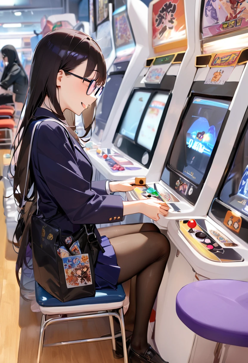 masterpiece, best quality, very aesthetic, absurdres,
1girl, solo, glasses, black hair, long hair, navy jacket, navy pleated skirt, pantyhose, black bag, smile, sitting, solo focus, from side, playing games,
game_center, scenery, japan, arcade cabinet, scenery, chair, poster (object),
<lora:game_center_SDXL_V1:1>