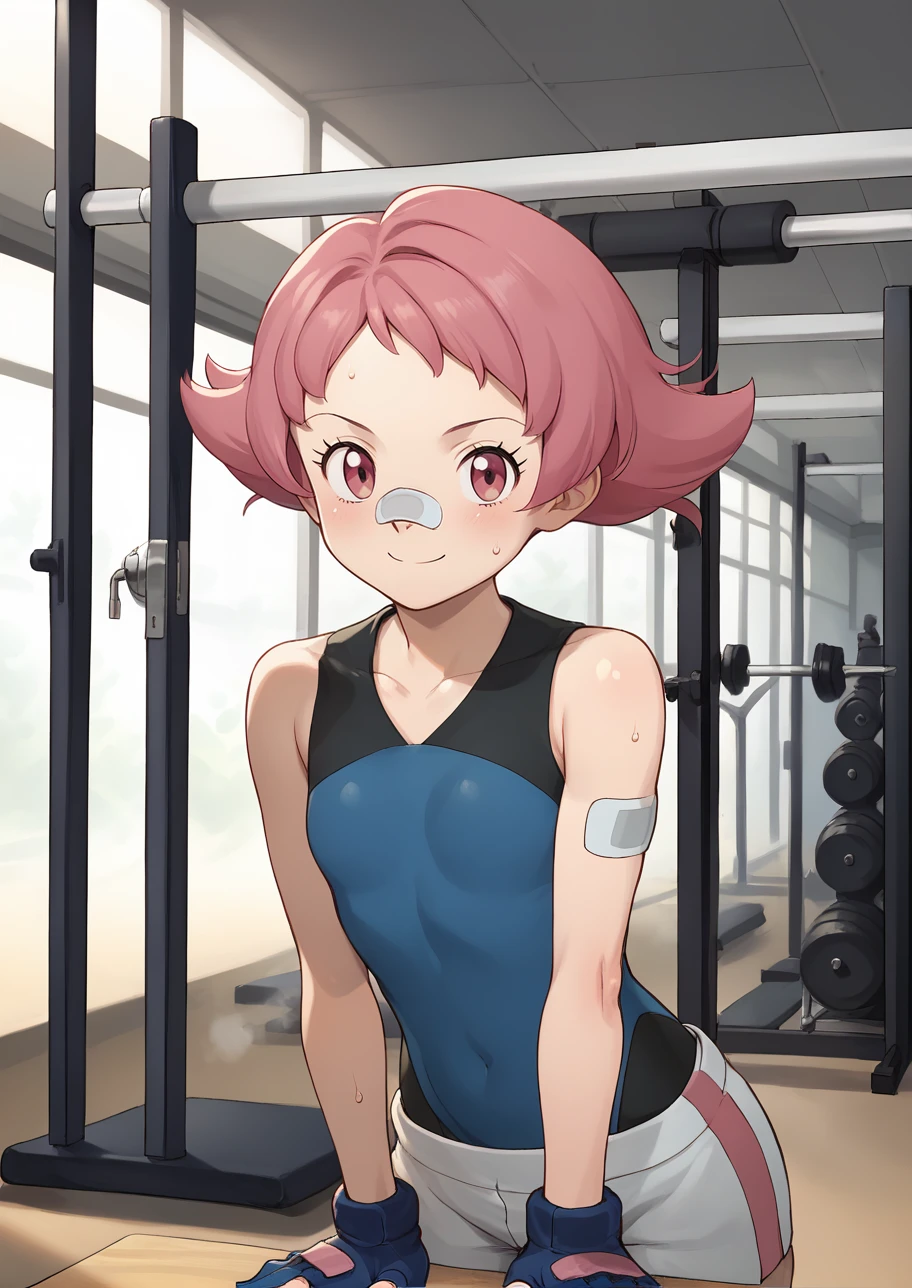 score_9,score_8_up,score_7_up,score_6_up,source anime BREAK, solo, flat colors,
indoors, gym, looking at viewer, sweat, steam, smile, portrait, close-up, closed mouth,
1girl, maylene (pokemon), pink eyes, pink hair, small breasts, short hair, eyelashes, pointy hair,
blue gloves, bandaid on nose, bandaid, bandaid on arm, bodysuit, spandex, sleeveless,
<lora:maylene_v1_0:1>