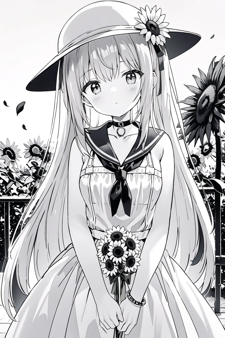 (masterpiece),best quality,1girl, lineart, monochrome, hat, flower, greyscale, sunflower, solo, long hair, dress, looking at viewer, straw hat, jewelry, petals, hand on headwear, holding, bracelet, transparent background, ribbon, sailor dress, holding flower, sailor collar, choker, bangs, very long hair, necklace, closed mouth, sleeveless, sun hat, bouquet