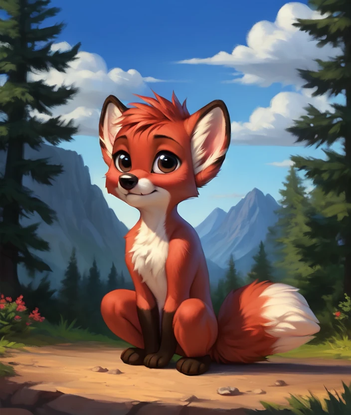 <lora:RitaCartoonCreat:1> RitaCartoonCreat,  [road, earth, forest, trees, sky, clouds, mountains,]    fox, red fur,   nude, animal, fenale, 
textured fur, solo,  looking at viewer, to his full height,  (beautiful, aesthetic, perfect, delicate, intricate, masterpiece, )    chibi,
by ulitochka, by taran fiddler, by Silverfox5213, by personalami,  (kneeling on one leg)