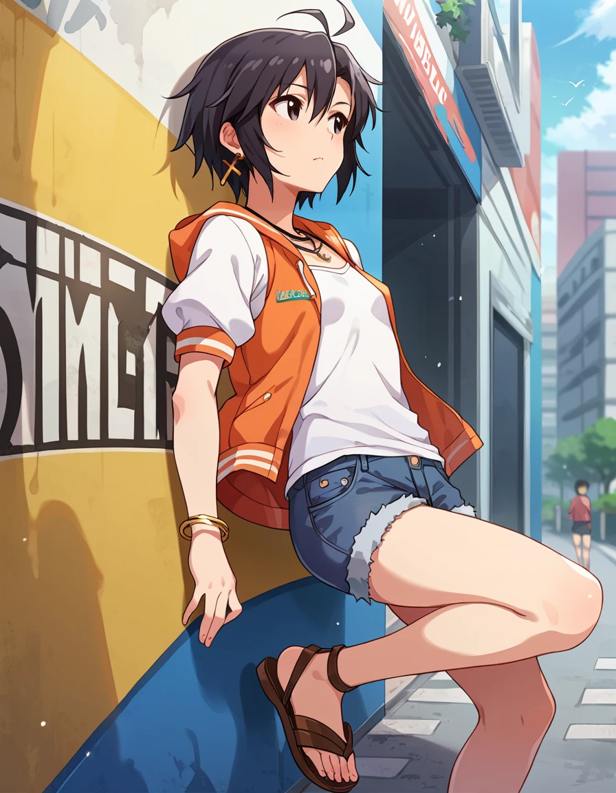 score_9, score_8_up, score_7_up, source_anime,
pinup of  1girl, solo, standing, waiting, leaning back,  looking afar,
outdoors, summer, street, urban city,
 <lora:KikuchiMakoto_pony_v1:0.9>
kkcmkt, short hair, black hair, antenna hair, hair between eyes, black eyes, flat chest,  small breasts, 
shirt, puffy sleeves, lace trim, jacket, denim shorts, thighs,  cross-laced sandals,
necklace, earrings, bangle,