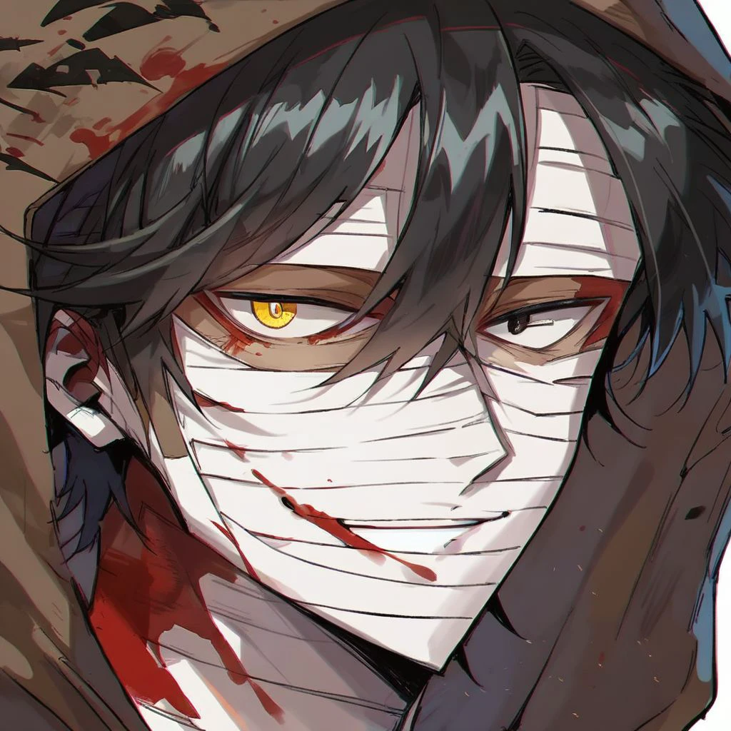 (score_9, score_8_up:1.1), score_7_up, isaac foster, 1boy, black hair, black eyes, yellow eyes, hood up, heterochromia, bandages, bandaged head, brown hoodie, looking at viewer, smile, bloody background, close up portrait, nori