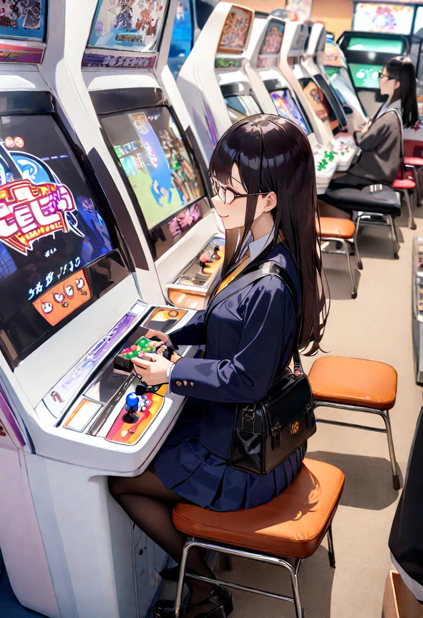 masterpiece, best quality, very aesthetic, absurdres,
1girl, solo, glasses, black hair, long hair, navy jacket, navy pleated skirt, pantyhose, black bag, smile, sitting, solo focus, from side, playing games, 
game_center, scenery, japan, arcade cabinet, scenery, chair, poster (object), 
<lora:game_center_SDXL_V1:1>