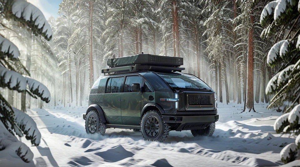 Professional photography of a green (Canoo style) military armored car in the snow<lora:Canoo_style:1>