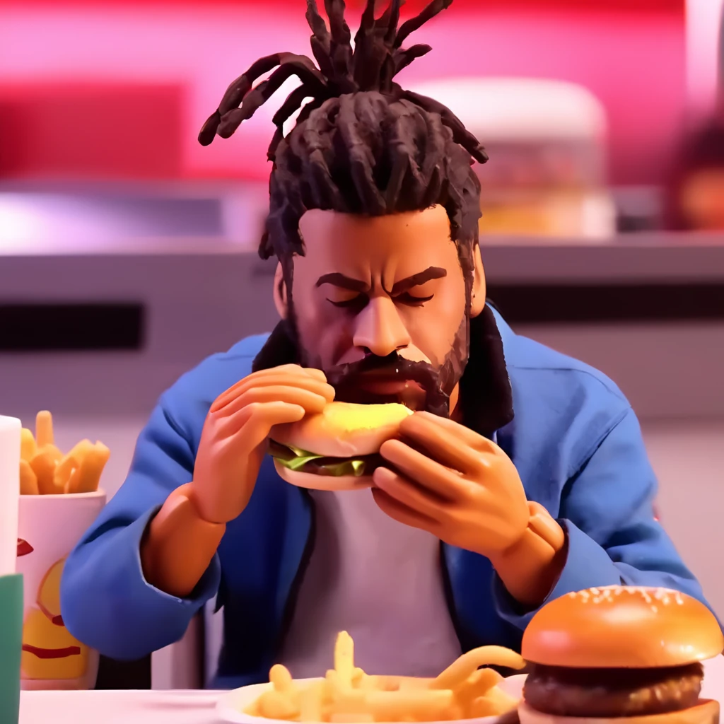 a cinematic still of ,rbtchkn style ,rhwrld , dreads in a bun in the style of rbtchkn <lora:riiahworldxl:1> rhwrld, depth of field , at a resturaunt eating a burger,<lora:jcoleXL:0.7> robot chicken, rbtchkn, robot chicken tv show, stop motion