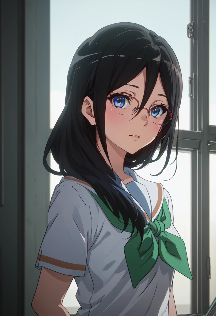 best quality, masterpiece, highres, solo, (tanaka_asuka_soundeuphonium:1.10), 1girl, green neckerchief, kitauji high school uniform, looking at viewer, sailor collar, serafuku, instrument, anime_style, 1 <lora:tanaka_asuka_soundeuphonium:0.80>