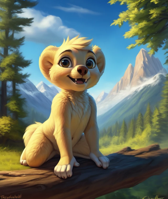 <lora:HugoCartoonCreat:1> HugoCartoonCreat,  [road, earth, forest, trees, sky, clouds, mountains,]  male,  furry, yellow  fur, fangs, 
textured fur, solo,  looking at viewer, to his full height,  (beautiful, aesthetic, perfect, delicate, intricate, masterpiece, )  chibi, (all fours, cowgirl position,)
by silgiriya mantsugosi, [[detailed Chunie lighting ]], [by personalami0.2], by cynicalstarr,