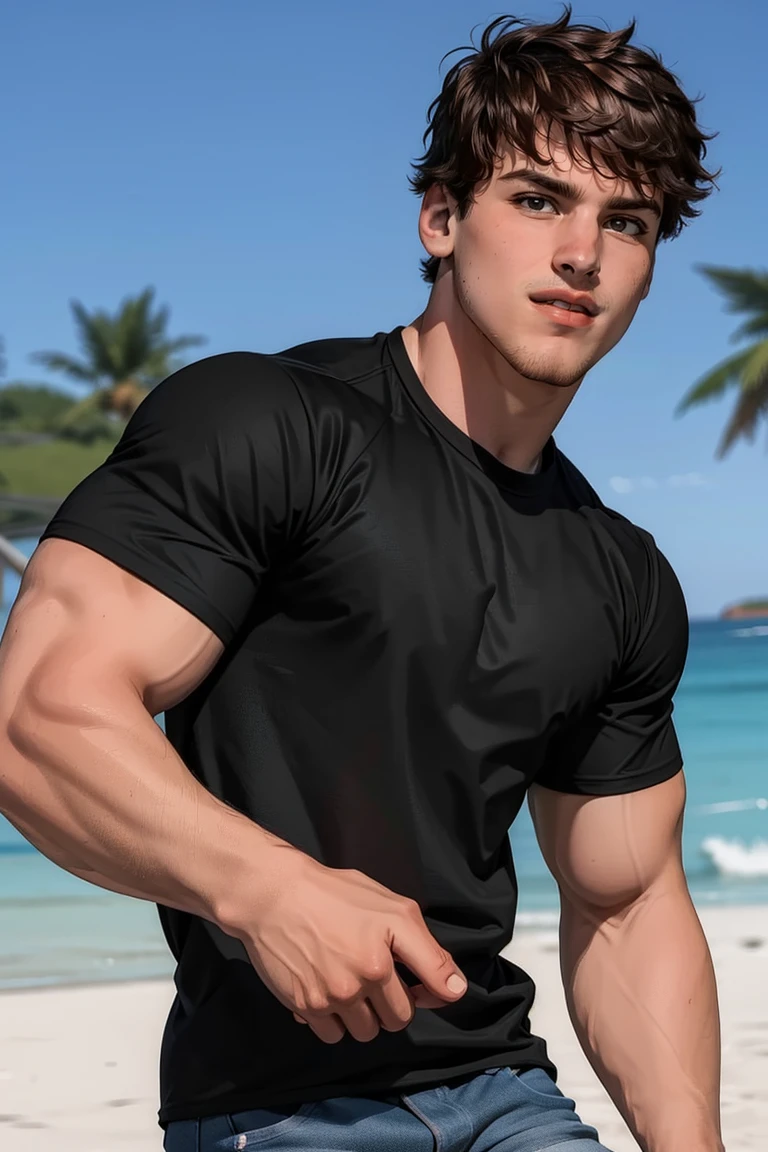 (masterpiece, best quality:1.2), man, smirk, (depth of field:1.1), photo of person, brown eyes, black t-shirt, denim pants, (medium shot), at the beach, masterpiece, highness, perfect face, perfect picture, detailed eyes, sharp focus,High detailed view<lora:EMS-341665-EMS:0.920000>