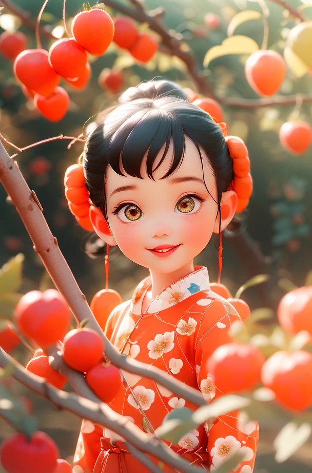 child, child-HXZ, Hanfu, 1girl, solo, japanese clothes, black hair, looking at viewer, blurry, red lips, branch, parted lips, floral print, depth of field, fruit, upper body, flower, blurry background, smileï¼
 <lora:Fruit Story-HXZ:0.75>