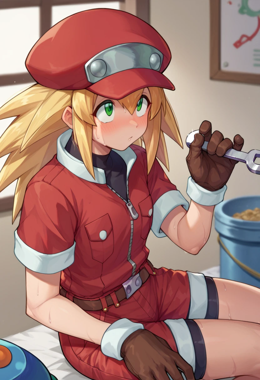 rating_explicit, score_9, score_8_up, score_7_up, score_6_up, score_5_up, score_4_up, by ishikawa hideki,
<lora:RollCaskettMegamanPonybyRR:1>, roll caskett (mega man), hair between eyes, bangs, long hair, spiked hair, blonde hair, green eyes, red cabbie hat, brown gloves, short sleeves, spandex, brown belt, red bodysuit, zipper, bike shorts under red bodysuit, red boots,
1girl, sitting, sweat, thinking, holding, pincel on ear,
dynamic shot, indoors, wrench